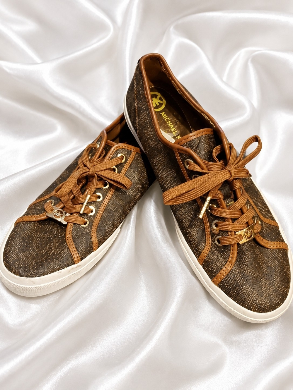 Michael Kors Monogram Brown Lace-Up Sneakers | Logo Charm | Women's